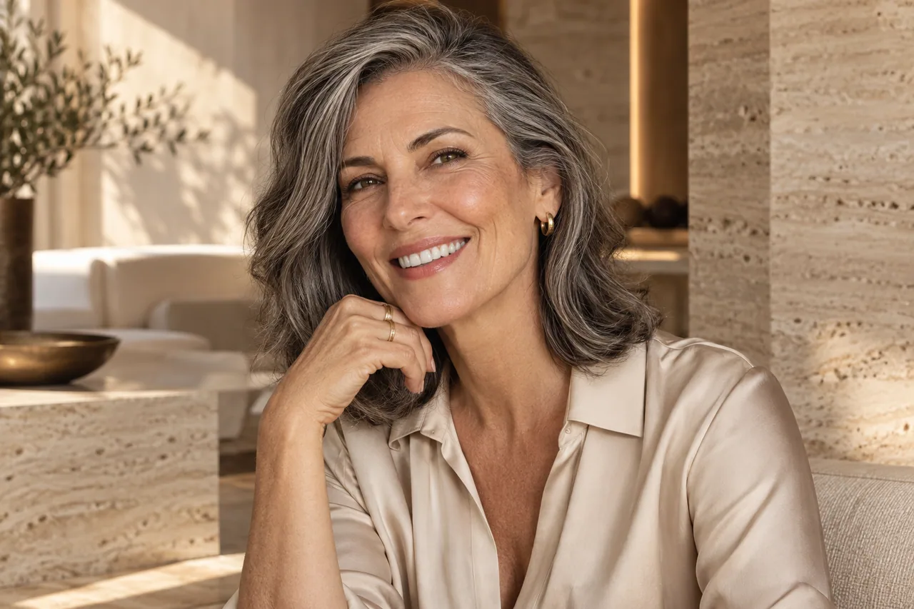 Retrato ilustrativo de uma mulher madura de cabelos grisalhos e sorriso natural.