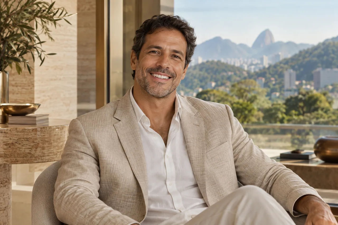 Retrato ilustrativo de um homem sorrindo próximo a uma janela.