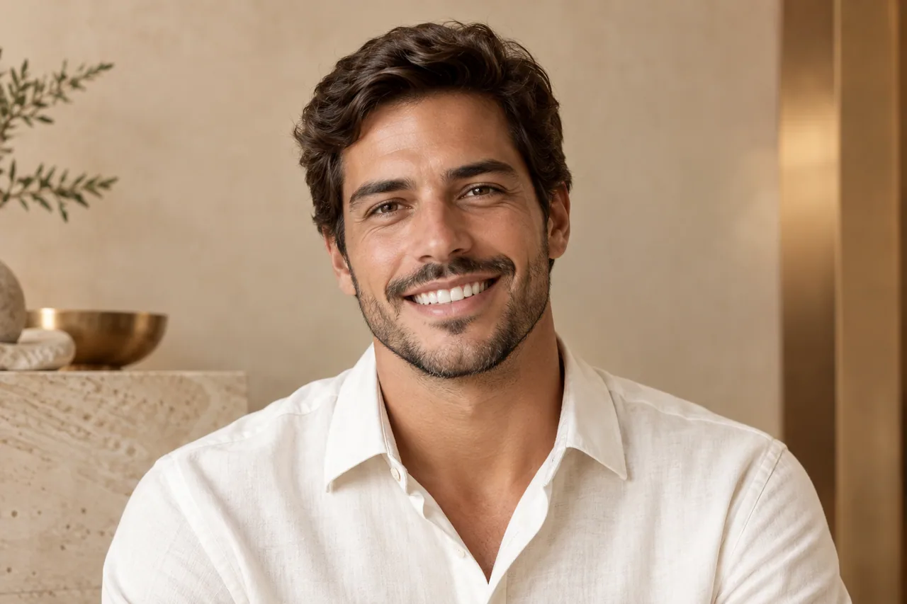 Retrato ilustrativo de um homem com sorriso espontâneo e camisa clara.