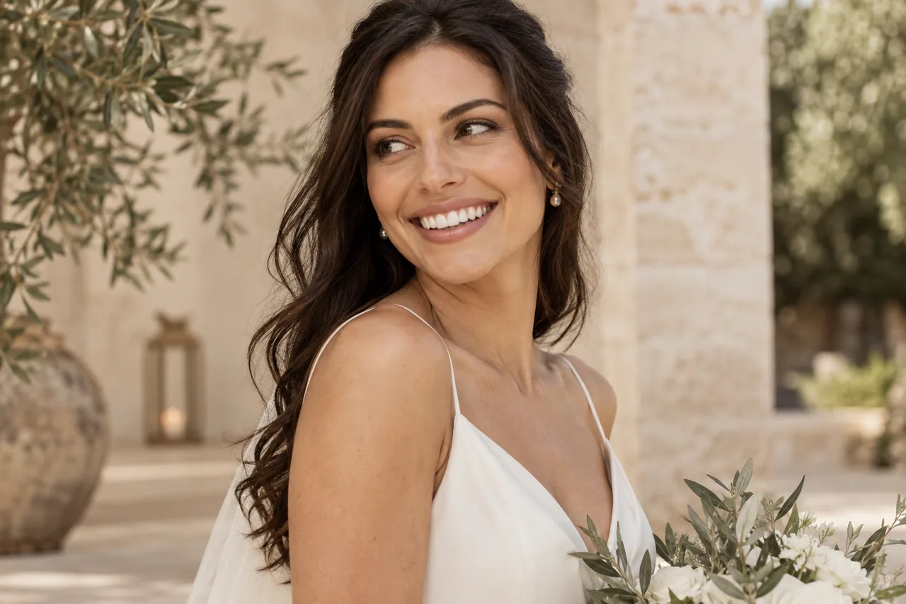 Retrato ilustrativo de uma noiva adulta sorrindo ao ar livre.